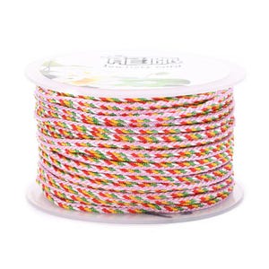 May include: A spool of multi-colored braided cord, featuring pink, red, yellow, and green stripes. The cord is wound around a white plastic spool with the text "Jewellery Cord" printed on the label.