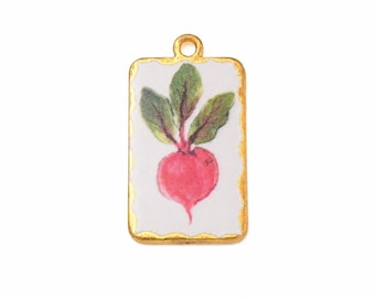 Pendentif radis rose émaillé en alliage doré, breloque rectangulaire rétro, 32 mm