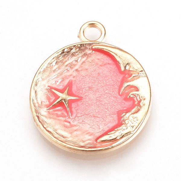 Pendentif lune et étoile émail rose en laiton doré 27 mm