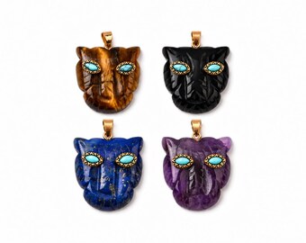Pendentif tête de léopard en pierre naturelle, yeux turquoise et détails dorés, style bohème