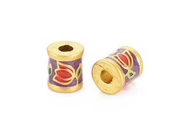 Perle tube cylindre doré 8mm perle tube doré fleur email