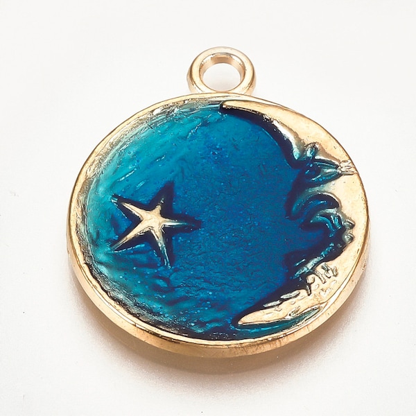Pendentif lune et étoile émail bleu en laiton doré 27 mm