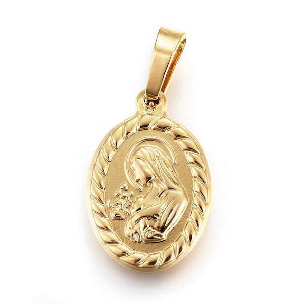 Médaille vierge en acier inoxydable 304 doré 26 mm pendentif vierge doré