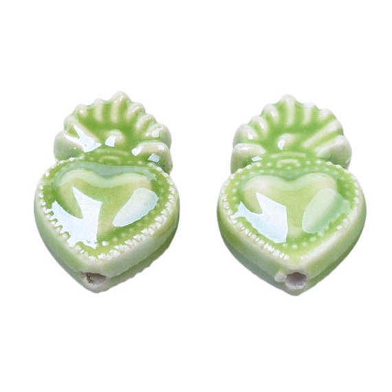 2 Perles Cœur Ex Voto Porcelaine Vert Irisé 16 X 10 Mm Perle Céramique Cœur  Flamboyant 