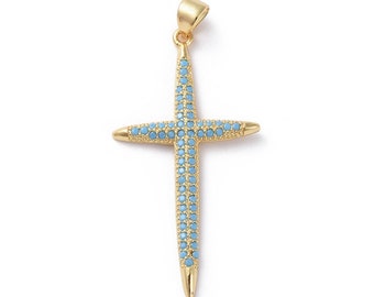 Pendentif croix en laiton doré 38,8 mm pendentifs avec zircon cubiques turquoise à micro-pavés