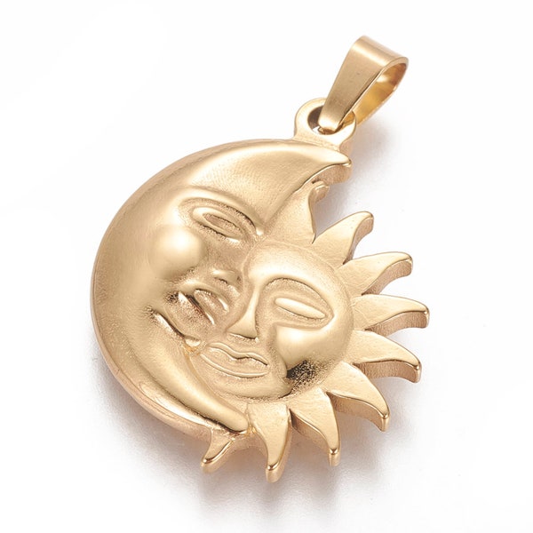 Pendentif soleil et lune acier inoxydable doré 32 mm