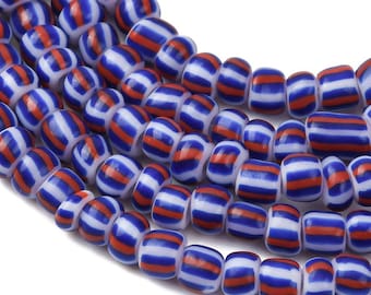 Perles intercalaires en verre rayé bleu, blanc et rouge, fil de 39 cm