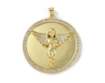 Medaille ange doré 40 mm hangende plaquette of 18k pendentif porte bonheur