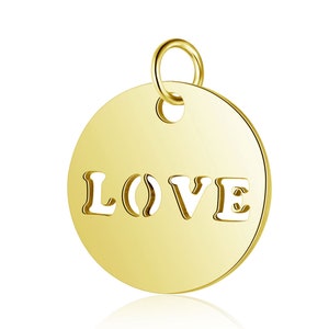 Pendentif rond avec mot mot love 12 mm broque love doré en acier inoxydable 304