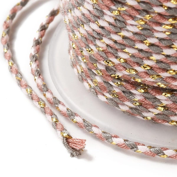 Cordon en coton tressé rose gris fil doré 1,5mm-2mm cordon multicolore cordon pour bijoux en coton cordon scrapbooking longueur 1 mètre