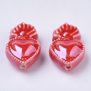 2 Perles Cœur ex voto porcelaine rouge irisé 16 x 10 mm perle céramique cœur flamboyant