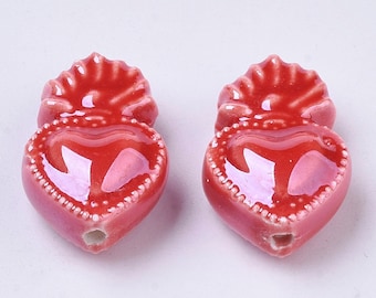 2 Perles Cœur ex voto porcelaine rouge irisé 16 x 10 mm perle céramique cœur flamboyant