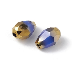 Perle goutte facette en verre 6 mm perle larme bleu et doré moitié plaqué or