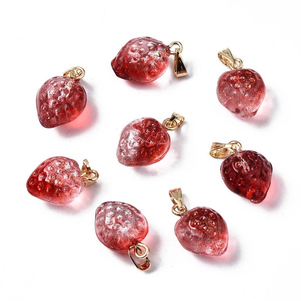 Pendentif fraise en verre plaqué or 18k pendentif fruit 18 mm création bijoux  C12-05