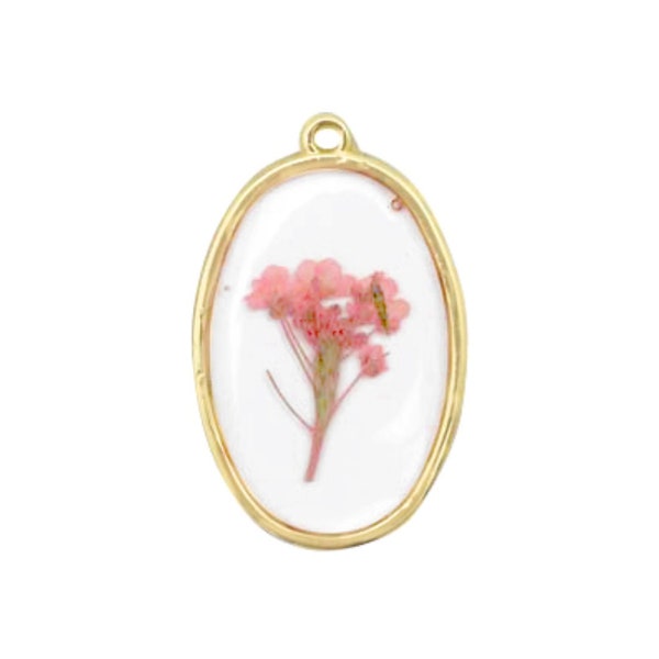 Pendentif fleur séchées 35 mm Pendentif en résine avec fleur séchée et bordure dorée  - Unité