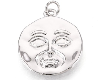 Pendentif visage lune argenté, rond laiton, charm astral