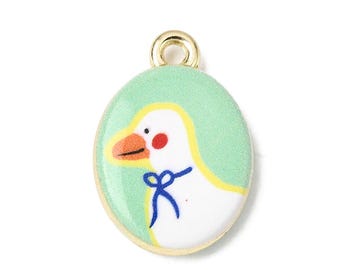 Pendentif canard émaillé sur fond vert pastel, breloque ovale dorée, 20 mm