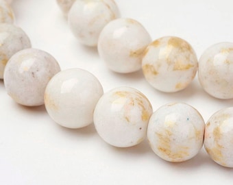 10 Perles 4mm jade Mashan naturelles blanches avec poudre d'or AV-12