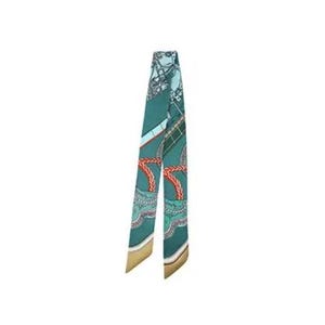 May include: A teal silk scarf with a detailed pattern. The scarf features a design with red, white, and gold accents. The scarf is a long, narrow shape, suitable for various styling options.