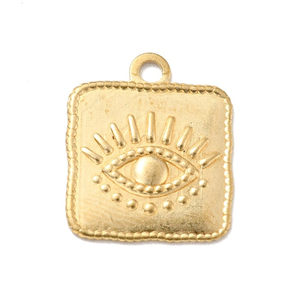 Pendentif médaille carré rectangle œil protecteur 22 mm en laiton doré pendentif porte bonheur breloque chance