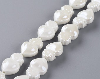2 Perles Cœur ex voto porcelaine blanche irisé 15 x 10.5 mm perle céramique cœur flamboyant