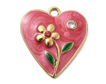 Pendentif Cœur Fleur – Acier inoxydable 304, Émail & Strass
