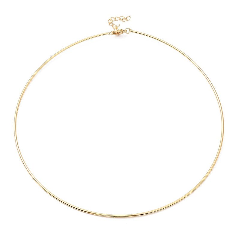 May include: A simple gold choker necklace with a delicate chain clasp.