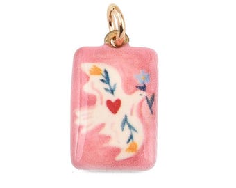 Pendentif colombe émaillé rose, breloque rectangulaire avec cœur et fleurs, 21 mm