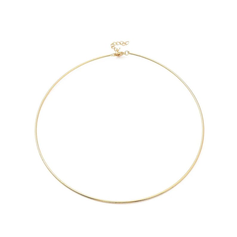 May include: A simple gold choker necklace with a delicate chain clasp.