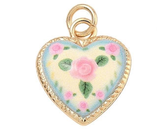 Pendentif cœur émaillé fleuri en laiton doré, breloque fleurs roses 20 mm pour création de bijoux