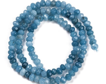 Perles jade naturel teinté bleu ciel, rondelles facettées, fil de perles 4 mm pour création bijoux