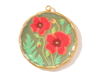Breloque fleur en acier inoxydable émaillé 25 mm - Pendentif fleur Coquelicot