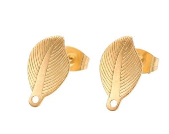 Support boucle d'oreille feuille acier inoxydable 13,5 x 8 mm puce d'oreille doré  C9-05