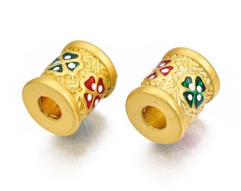 Perle tube cylindre doré 9.5mm perle tube doré fleur email