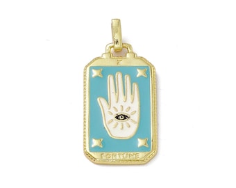 Pendentif médaille tarot 26 mm en métal doré émaillée pendentif porte bonheur main