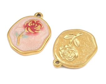 Breloque Rose en acier inoxydable émaillé 18.5 mm - Pendentif fleur rouge