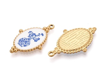 Pendentif ovale fleurs en vase – Acier inoxydable émaillé 32x20 mm