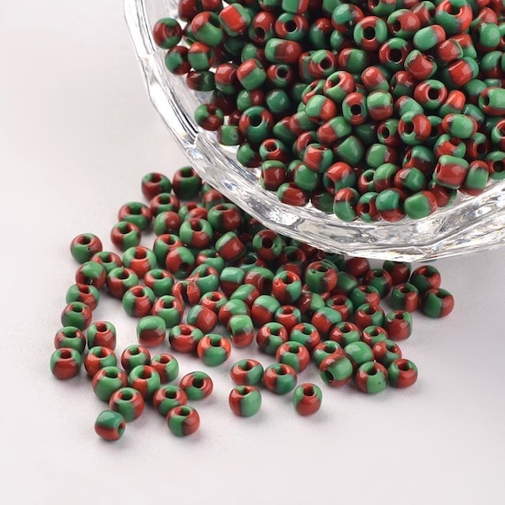10 grammes Petite perle de rocaille rayé vert rouge opaque 2.5~3x2~3mm perle en verre perle rocaille