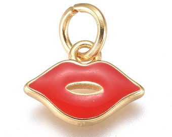 Breloque lèvre plaqué or 18 carats émail rouge 8 mm pendentif lèvre création bijoux