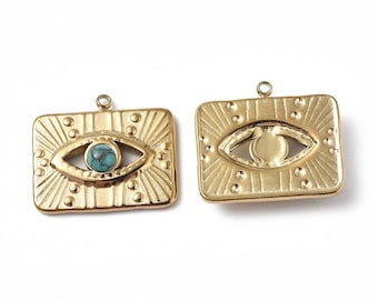 Pendentif médaille rectangle œil protecteur 17,5 mm en acier inoxydable doré pendentif porte bonheur breloque chance