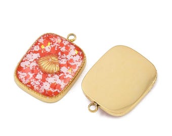 Pendentif rectangulaire doré avec coquillage and email pailletée – ACIER INOXYDABLE doré émaillé pendentif coquillage doré