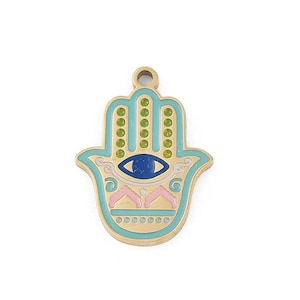 Pendentif main hamsa émaillé et acier inoxydable doré 20 mm
