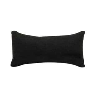 May include: A small, rectangular black pillow with a slightly curved shape. The pillow is made of a soft, textured fabric and is designed to provide support. The pillow is approximately 10 inches long.