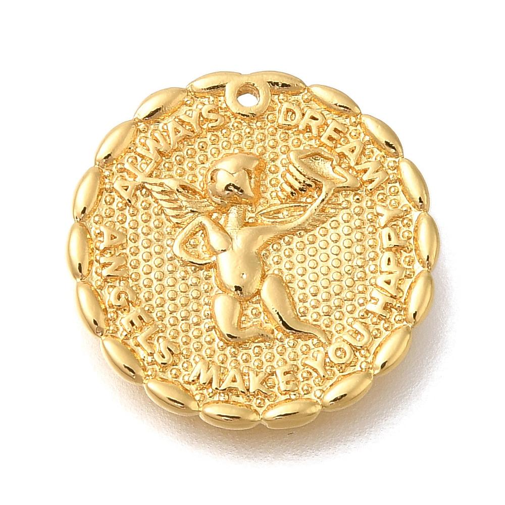 Pendentif Médaille Rond Ange En Acier Doré – Bijou Sans Marque, Neuf Sans Emballage