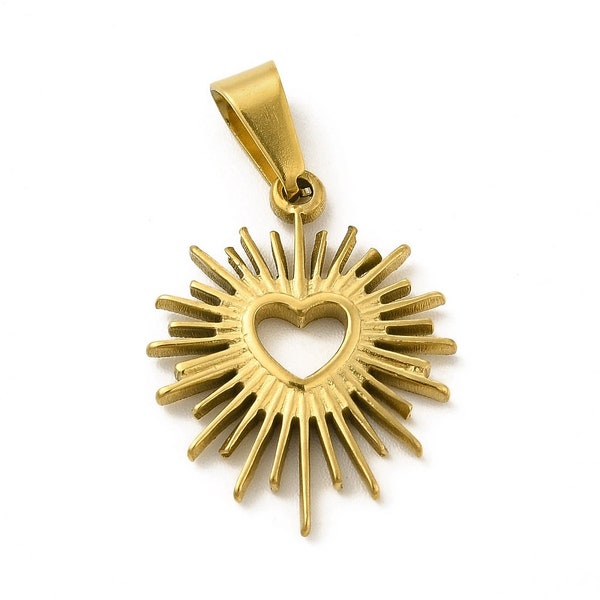 Pendentif cœur ex voto en acier 304 inoxydable doré pendentif soleil avec cœur évidé 23x18 mm