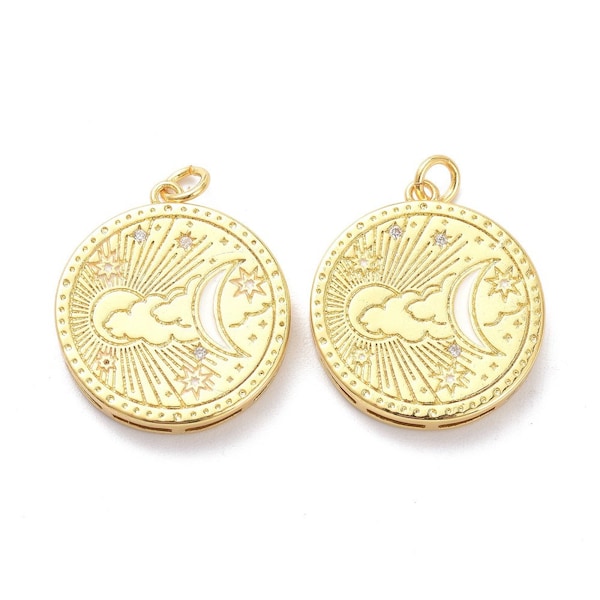 Pendentif médaille lune et étoile 22 mm plaqué or 18k étoile en zircon cubique