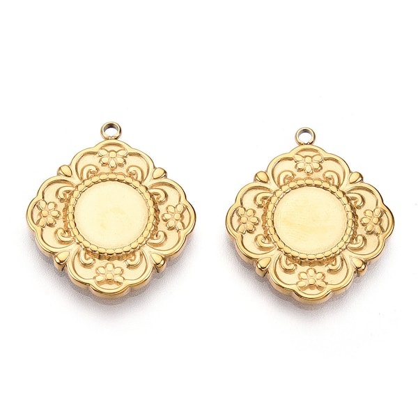 Pendentif fleur acier 304 inoxydable doré 21,5 mm support plateau cabochon 8 mm