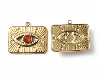 Pendentif médaille rectangle œil protecteur 17,5 mm en acier inoxydable doré pendentif porte bonheur breloque chance