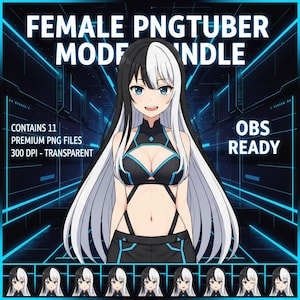 May include: A digital art bundle featuring a female PNGTuber model with black and white hair and blue eyes. The image includes the text "FEMALE PNGTUBER MODEL BUNDLE", "CONTAINS 11 PREMIUM PNG FILES", and "OBS READY".