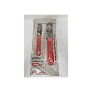May include: A Craftsman adjustable pocket socket box-end wrench set in original plastic packaging. The set includes two metal wrenches with red handles and silver heads, featuring 4-sided jaws for non-slip grip and marked as made in USA.